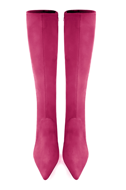 Fuschia pink women's feminine knee-high boots. Pointed toe. Very high spool heels. Made to measure. Top view - Florence KOOIJMAN
